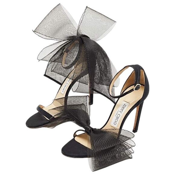 Jimmy Choo Aveline 100 Black Sandal Grosgrain Mesh Fasincator Bow Size 39 - Picture 6 of 16